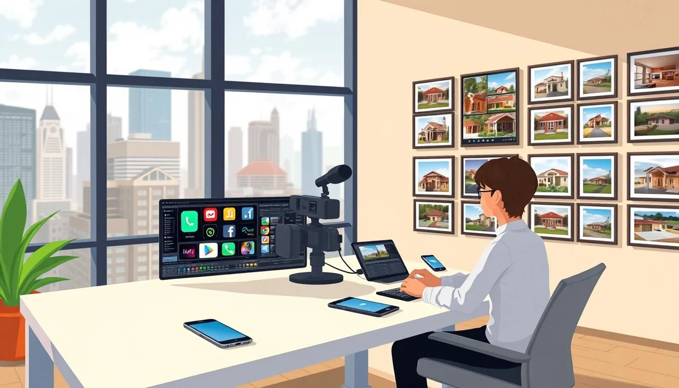 Real Estate Video Marketing: Expert Tips for Commercial and Residential Sales 8 A modern, well-lit office space with large windows overlooking a bustling city skyline. In the foreground, a professional video editor sits at a sleek, minimalist desk, intently focused on a laptop screen displaying various social media platforms and video distribution analytics. The middle ground features an array of digital devices - smartphones, tablets, and a high-end camera setup - all interconnected, suggesting the seamless integration of video content across multiple channels. The background showcases a gallery wall of framed real estate property videos, each one an example of effective visual storytelling and digital distribution. The overall atmosphere is one of efficiency, creativity, and a deep understanding of how to leverage video content to maximize exposure and engagement in the real estate industry.
