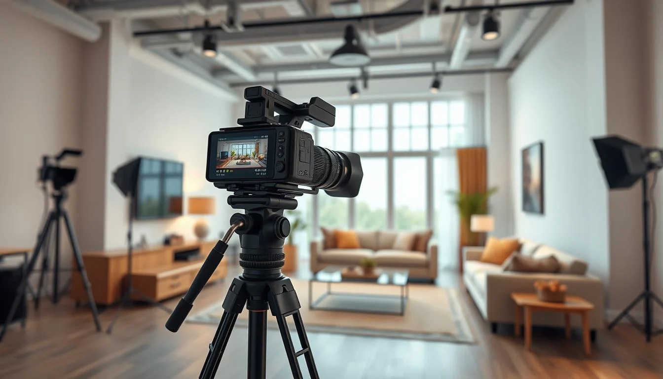 Real Estate Video Marketing: Expert Tips for Commercial and Residential Sales 6 A modern, well-lit studio space with a professional camera on a tripod, focused on a furnished living room set showcasing a real estate property. The camera is positioned at a slightly elevated angle, capturing a wide, balanced composition that highlights the room's features, including plush furniture, tasteful decor, and large windows letting in natural light. The atmosphere is calm and inviting, with subtle hints of camera equipment and crew in the background, conveying the professional nature of a real estate video shoot. The overall mood is one of quality, attention to detail, and the ability to showcase a property's best assets through skilled videography techniques.