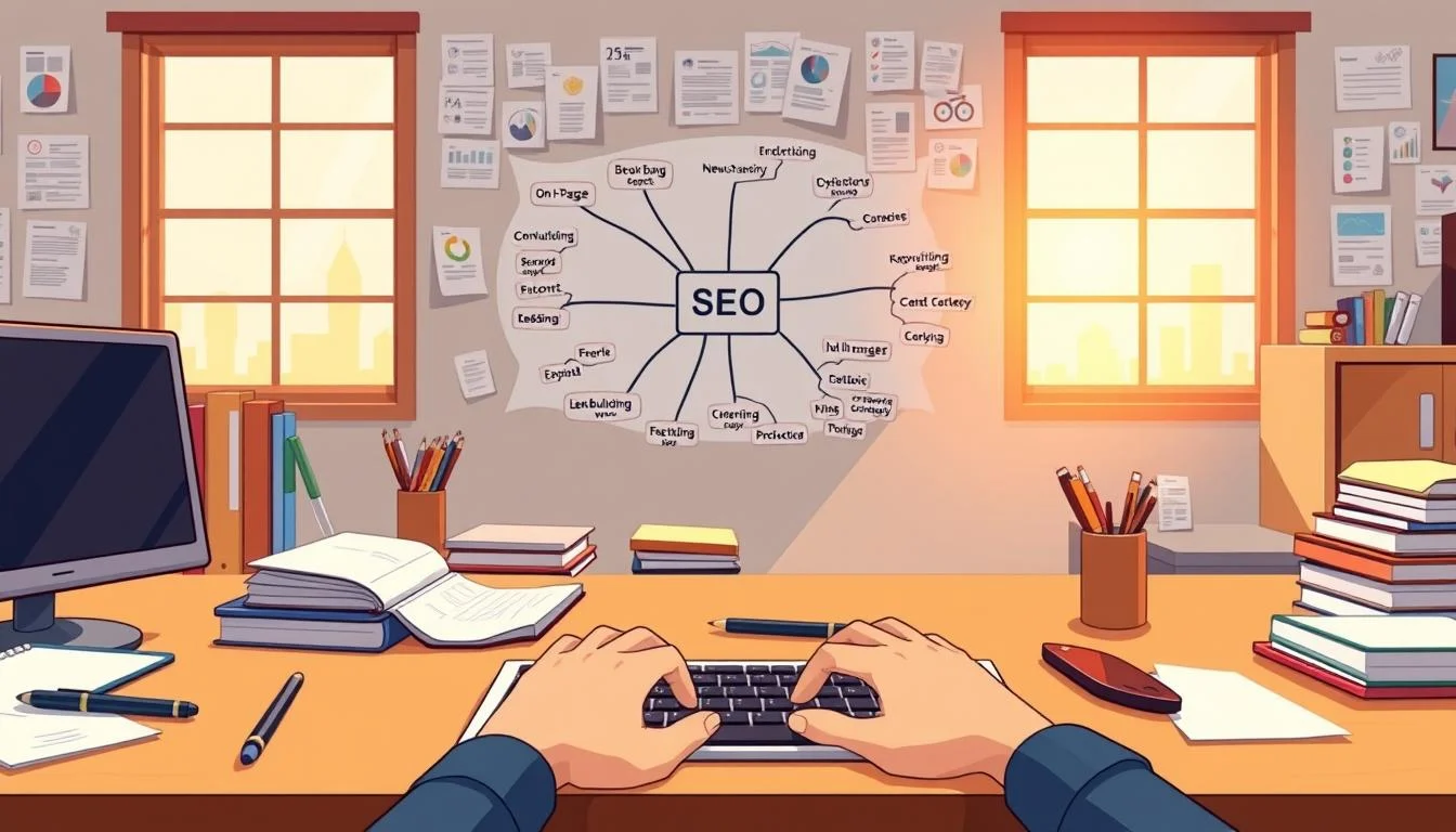 SEO: How Important is Search Engine Optimization? 5 A neatly organized desk with a laptop, notebook, and various office supplies, illuminated by warm, natural lighting from a large window. In the foreground, a pair of hands typing on the keyboard, representing the act of keyword research. In the middle ground, a mind map or diagram visualizing the relationships between key SEO components like on-page optimization, link building, and content strategy. The background features a wall adorned with printed reports, charts, and analytics, conveying the data-driven nature of effective SEO. The overall scene exudes a sense of focus, productivity, and the essential role of keyword research in the SEO process.