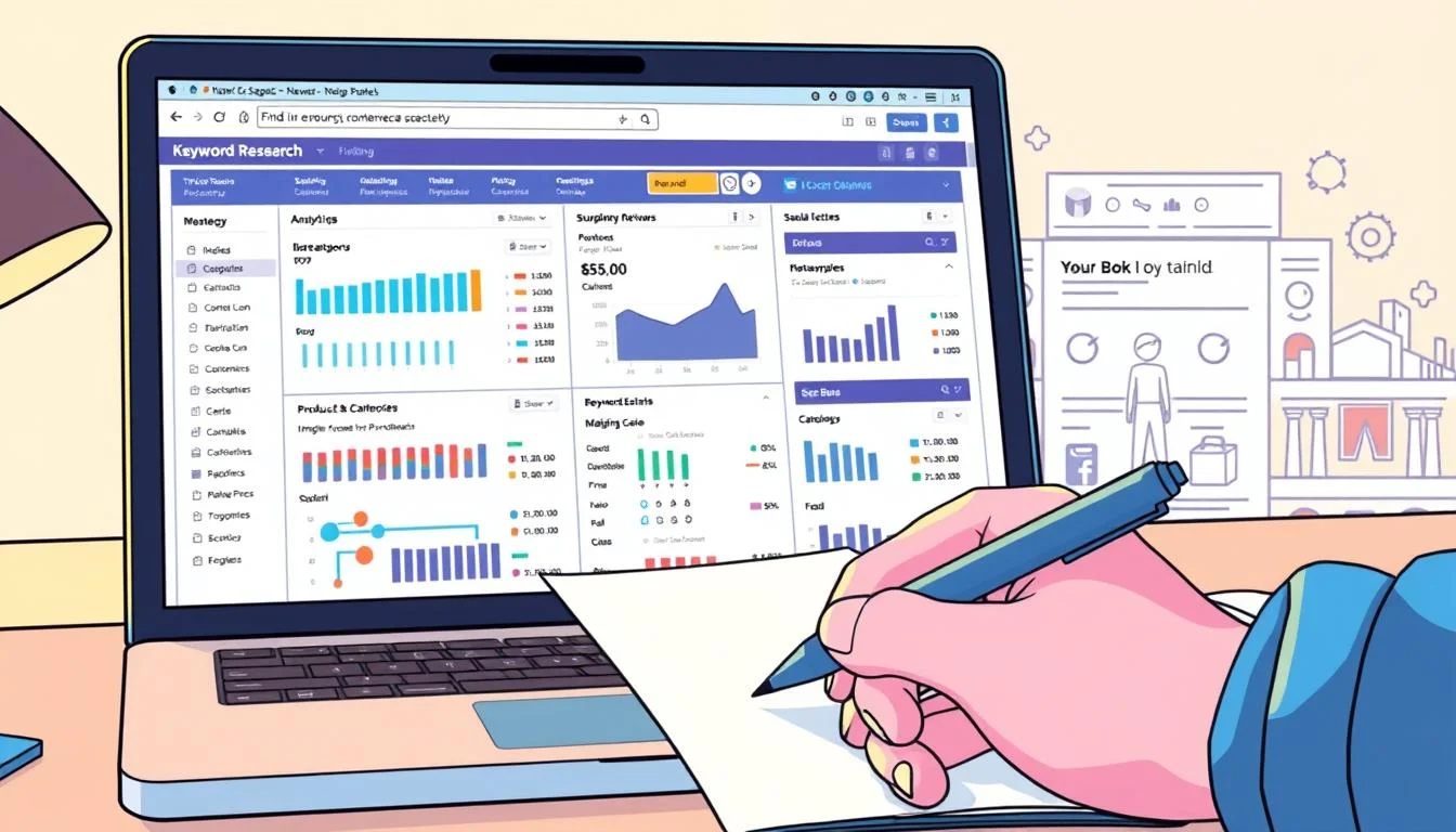 eCommerce SEO Service: Your Top eCommerce SEO Agency for Online Retailers 3 A neatly organized keyword research strategy for ecommerce online visibility. In the foreground, a laptop screen displays a comprehensive keyword research dashboard, with data visualizations and analytics. In the middle ground, a hand holds a pen, poised to take notes on the insights gleaned from the research. The background features a stylized illustration of an ecommerce website, showcasing product categories, customer reviews, and social media integration, hinting at the broader online ecosystem. The lighting is soft and warm, creating a focused, productive atmosphere. The lens captures a wide, eye-level perspective, inviting the viewer to immerse themselves in the strategic planning process.