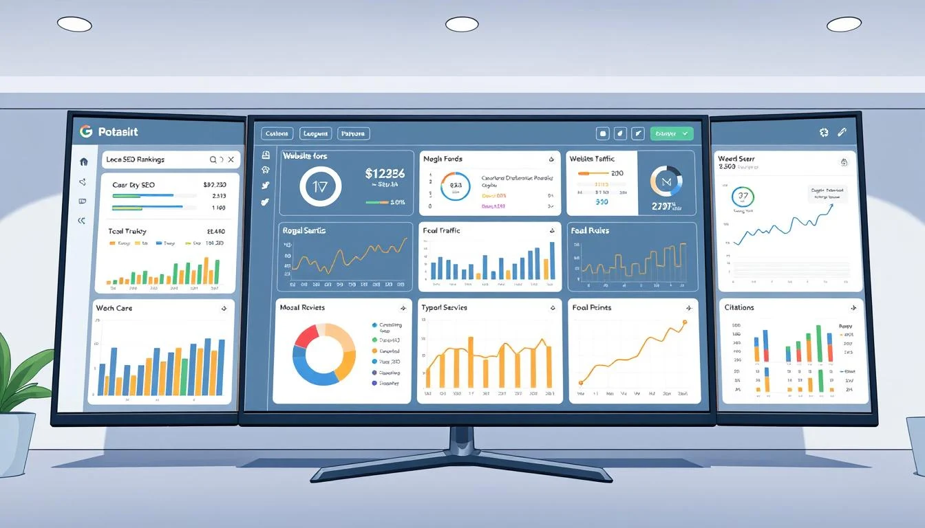 Local Search Engine Optimization Guide: Improve Your Local SEO Ranking 8 A sleek and modern dashboard displaying comprehensive local SEO metrics on a large widescreen monitor. The dashboard features various charts, graphs, and data visualizations highlighting key performance indicators such as local search rankings, website traffic, reviews, and citations. The interface has a clean, minimalist design with intuitive navigation and customizable views. The lighting is soft and even, creating a professional and analytical atmosphere. The camera angle is slightly elevated, giving a birds-eye perspective of the dashboard, emphasizing its importance and centrality to the user's local SEO strategy and decision-making process.