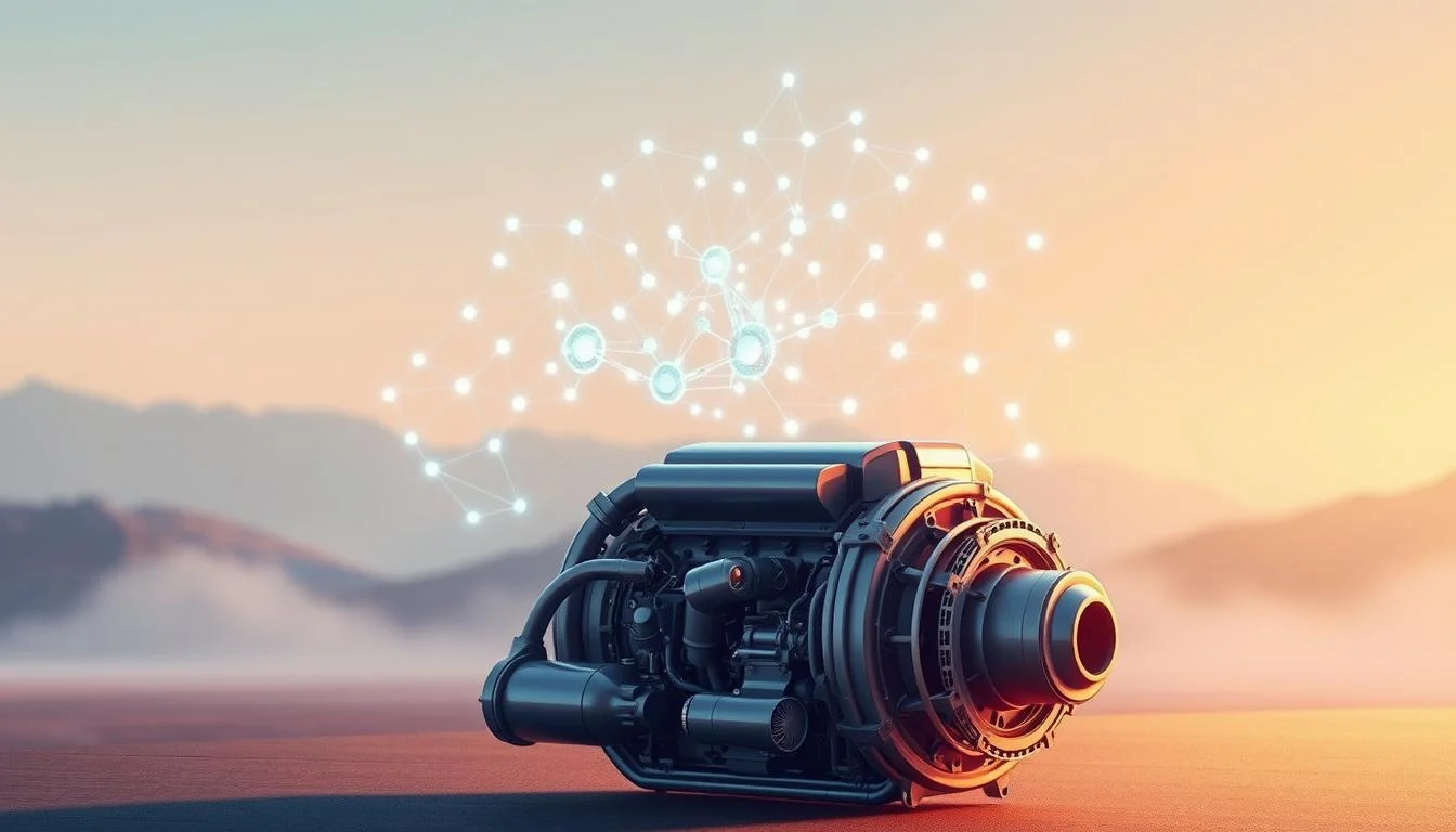 What is Generative Engine Optimization (GEO): The Revolutionary Shift in SEO? 2 A sleek, futuristic engine stands in the foreground, its intricate metallic components gleaming under the soft, ambient lighting. In the middle ground, a network of interconnected nodes and lines pulsates with digital energy, representing the complex algorithms and data flows of a generative optimization system. The background fades into a hazy, abstract landscape, hinting at the boundless potential of this transformative technology. The overall scene conveys a sense of precision, innovation, and the seamless integration of human and machine intelligence, capturing the essence of Generative Engine Optimization.