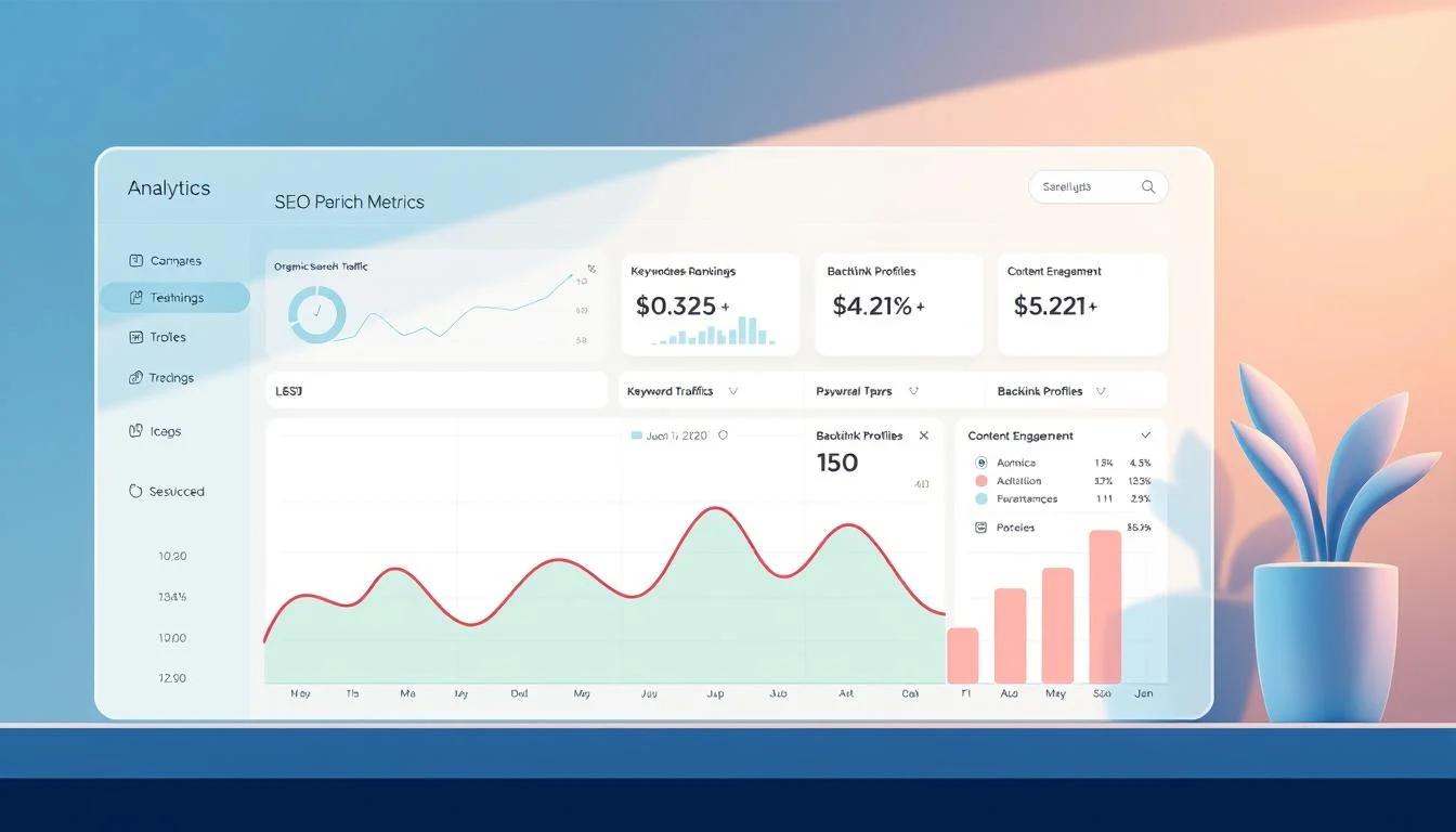eCommerce SEO Service: Your Top eCommerce SEO Agency for Online Retailers 7 A sleek, modern analytics dashboard showcasing an SEO campaign's key performance metrics. In the foreground, a large, high-resolution graph displays organic search traffic trends, with color-coded data points and clear labels. In the middle ground, concise widgets present insights on keyword rankings, backlink profiles, and content engagement. The background features a minimalist UI design with a subtle grid pattern, muted color palette, and clean typography. Soft, directional lighting creates depth and highlights the dashboard's crisp, digital aesthetic. The entire scene conveys a sense of data-driven efficiency and strategic optimization for an ecommerce SEO campaign.