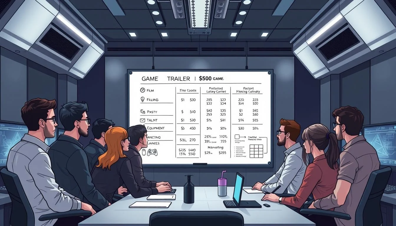 How Much Does a Gaming Trailer Cost? Video Game Trailer Cost Ultimate Guide 2 A sleek, modern gaming studio interior with a large whiteboard displaying a breakdown of key factors that influence the budget for a gaming trailer. A team of video game developers stands around the whiteboard, studying the data and discussing ideas. Soft, directional lighting illuminates the scene, creating a focused, professional atmosphere. The whiteboard features clean, minimalist infographics illustrating costs for elements like filming, post-production, talent, equipment, and marketing. Subtle, futuristic details in the background, such as advanced computer hardware and screens, convey the high-tech nature of the gaming industry.