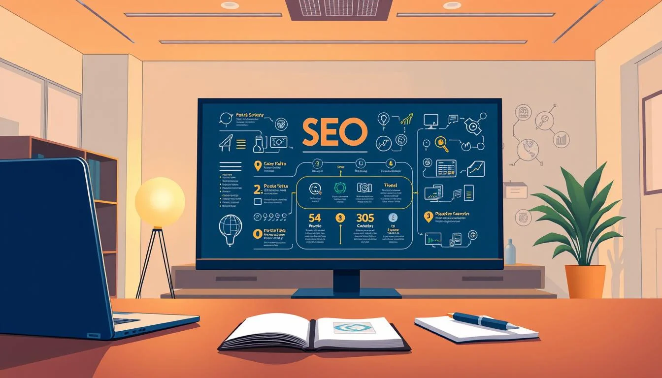 SEO: How Important is Search Engine Optimization? 8 A sleek, modern office space with warm lighting and a minimalist aesthetic. In the foreground, a desk with a laptop, notebook, and pen, symbolizing the hands-on process of implementing an SEO strategy. The middle ground features a large monitor displaying a detailed SEO infographic, guiding the viewer through the steps of the strategy. In the background, stylized icons and data visualizations suggest the technical aspects of SEO, creating a sense of depth and complexity. The overall mood is one of focus, productivity, and a methodical approach to improving a website's search engine visibility.