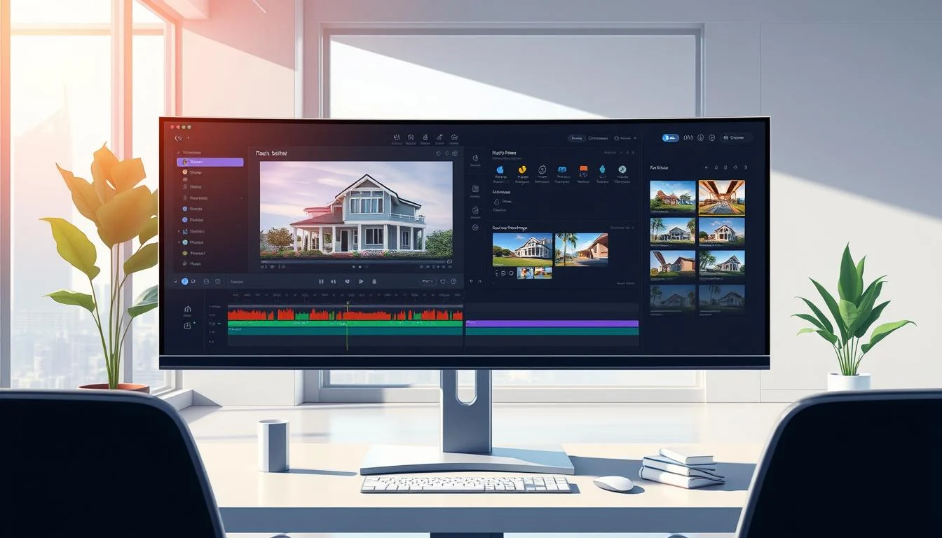 Real Estate Video Marketing: Expert Tips for Commercial and Residential Sales 7 A sleek, modern video editing software interface for real estate videos, showcasing advanced features like timeline editing, color grading, and overlay effects. The software is displayed on a high-resolution computer monitor, with a clean and intuitive user interface. The foreground features a professional-looking real estate video playing in the main preview window, while the middle ground displays various editing tools and controls. The background depicts a minimalist office setting, with a large window providing natural lighting and a cityscape visible in the distance, creating a sense of a professional, high-end post-production environment.