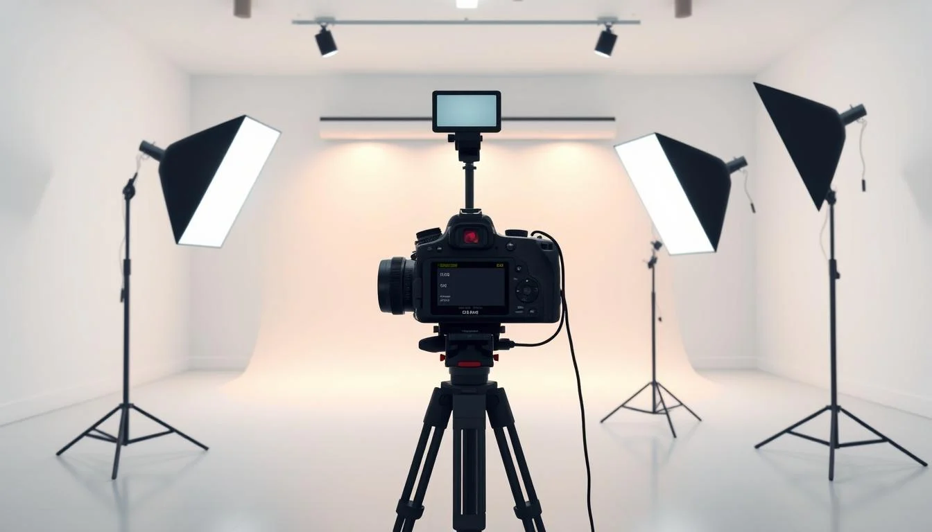 Real Estate Video Marketing: Expert Tips for Commercial and Residential Sales 3 A spacious, well-lit studio setting with a professional-grade video lighting setup. In the foreground, a trio of softbox lights arranged in a triangle formation, casting a warm, diffused illumination across the scene. In the middle ground, a sturdy camera tripod with a high-end DSLR camera mounted on it, ready to capture the perfect shot. The background features a clean, minimalist backdrop, allowing the lighting equipment to take center stage. The overall atmosphere is one of technical precision and cinematic quality, suitable for creating high-end real estate videos.