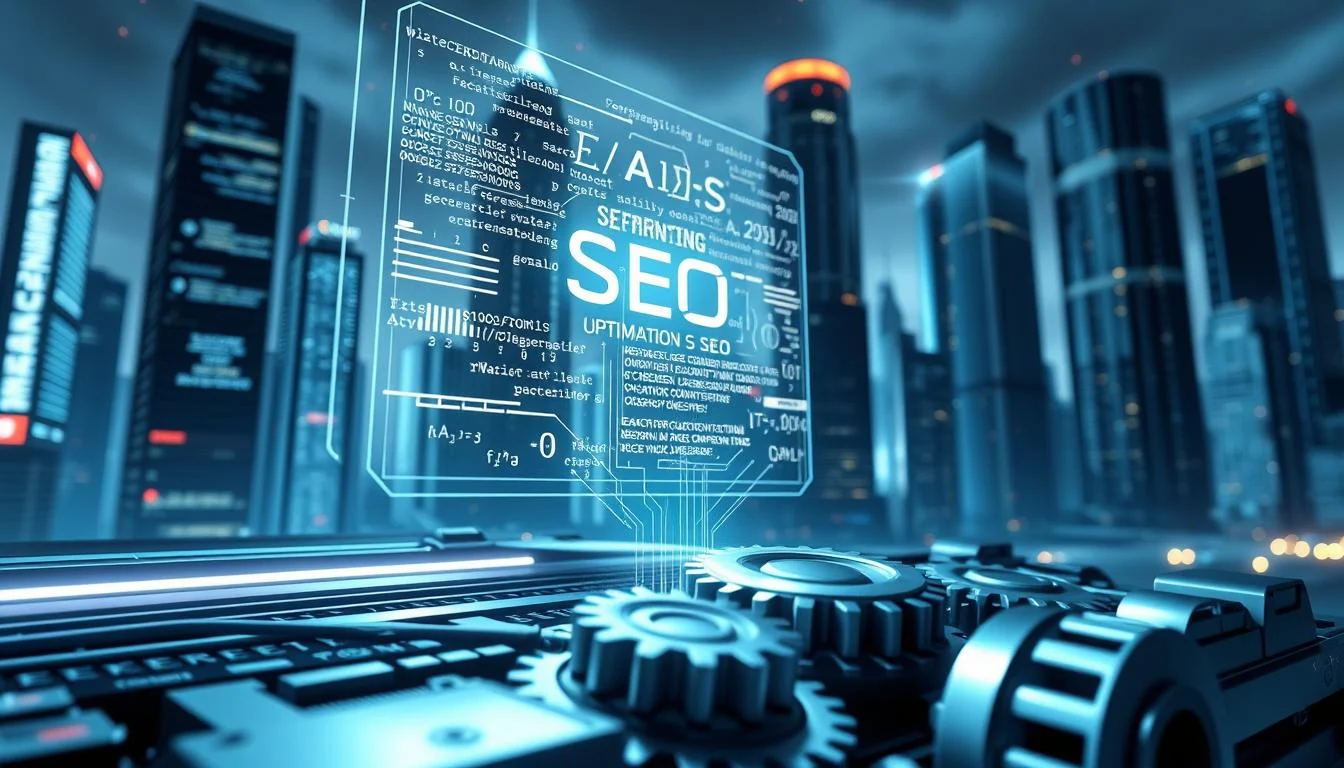 What is Generative Engine Optimization (GEO): The Revolutionary Shift in SEO? 8 A striking 3D render of technical SEO optimizations for AI search engines. In the foreground, a sleek, metallic search engine interface with intricate cogs and gears, symbolizing the complex inner workings of modern AI-powered search. In the middle ground, a holographic display showcases a data visualization of search engine algorithms, with lines of code and mathematical equations floating in the air. The background is a futuristic cityscape, with towering skyscrapers and glowing neon lights, representing the fast-paced, technology-driven world of modern search. The lighting is cool and atmospheric, with dramatic shadows and highlights emphasizing the technical, industrial nature of the scene. The overall mood is one of cutting-edge technology, innovation, and the critical importance of optimizing for the next generation of AI-driven search.