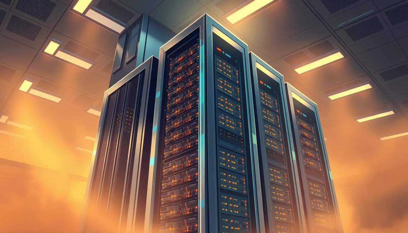 What is Generative Engine Optimization (GEO): The Revolutionary Shift in SEO? 7 A towering, futuristic data center stands tall, its sleek, metallic facade reflecting the warm glow of recessed lighting. In the foreground, a monumental server rack dominates the scene, its intricate components and blinking lights symbolizing the immense computational power housed within. The background is shrouded in a soft, atmospheric haze, conveying a sense of technological mystique and the sheer scale of the AI infrastructure powering the modern digital landscape. Warm, diffused lighting casts dramatic shadows, imbuing the scene with a sense of gravitas and authority. The overall composition conveys the idea of an AI engine as a formidable, trustworthy, and authoritative force, ready to shape the future of digital optimization.