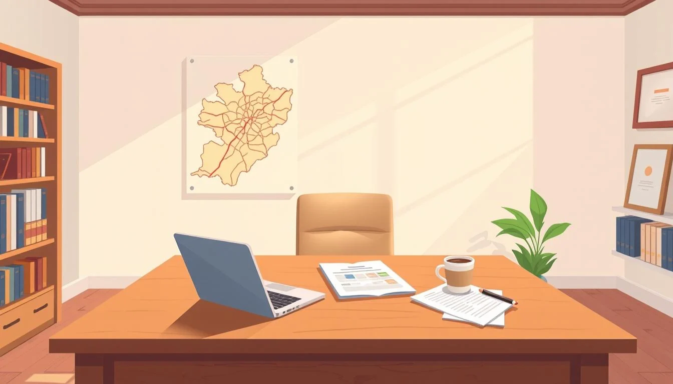 Local Search Engine Optimization Guide: Improve Your Local SEO Ranking 3 A tranquil, well-lit office interior with a large wooden desk and a map of the local area prominently displayed on the wall. A laptop, notepad, and research materials are neatly arranged on the desk, alongside a cup of coffee. The lighting is soft and natural, casting a warm glow on the scene. In the background, shelves filled with business books and a framed certificate or award can be seen, suggesting a professional, research-focused environment. The mood is one of focused concentration and strategic planning, reflecting the process of conducting local keyword research and developing a targeted SEO strategy.
