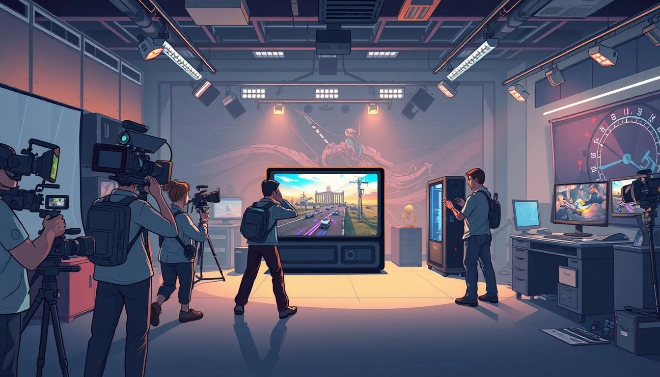How Much Does a Gaming Trailer Cost? Video Game Trailer Cost Ultimate Guide 3 A vibrant, cinematic gaming trailer production scene. In the foreground, a team of skilled videographers and animators carefully capturing high-quality footage, using professional-grade cameras and lighting equipment. In the middle ground, a sleek gaming PC displays the latest build of the game, with developers collaborating on fine-tuning the visuals and narrative. The background showcases a state-of-the-art post-production studio, where editors masterfully weave together the raw footage, special effects, and a captivating musical score to create a mesmerizing trailer that perfectly captures the essence of the game. The scene exudes a palpable sense of creativity, technological innovation, and the collective effort required to bring a gaming trailer to life.