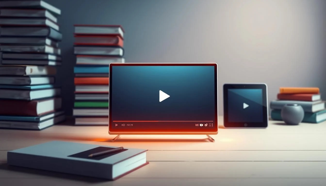 Book Trailer Service: Ultimate Guide to Book Marketing & Book Trailer Production 6 A visually striking book trailer marketing platform, set against a backdrop of stacked books and digital devices. In the foreground, a sleek, minimalist interface showcases a dynamic book trailer video, its edges softly illuminated by warm, directional lighting. The middle ground features various social media icons and logos, hinting at the platform's ability to seamlessly share and promote the trailer across multiple channels. In the background, a subtle gradient shifts from cool to warm tones, creating a sense of depth and a professional, high-tech atmosphere. The overall composition conveys the power of leveraging a captivating book trailer to amplify a book's marketing impact.