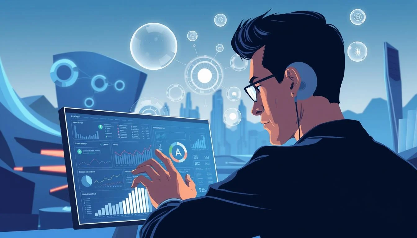 What is Generative Engine Optimization (GEO): The Revolutionary Shift in SEO? 5 A visually striking digital illustration depicting the analysis of AI-compatible content. In the foreground, a person intently examining a computer screen, their face illuminated by the glow of the display. The middle ground features various data visualizations, charts, and graphs, conveying the insights derived from the content analysis. The background showcases a futuristic, tech-inspired landscape with sleek, minimal architecture and floating holograms, evoking the cutting-edge nature of AI-driven content optimization. The lighting is crisp and directional, casting dramatic shadows and highlighting the technological elements. The overall mood is one of focus, innovation, and the seamless integration of AI into the content curation process.