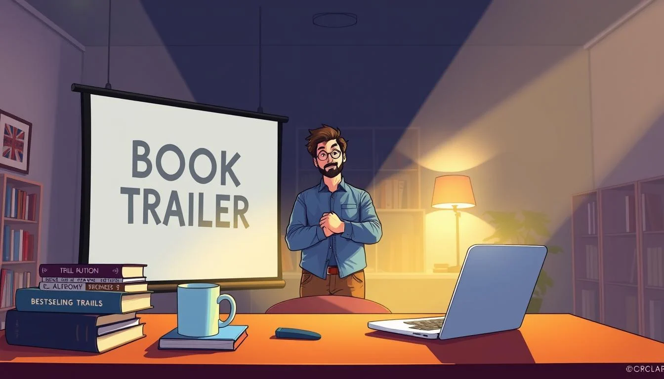 Book Trailer Service: Ultimate Guide to Book Marketing & Book Trailer Production 8 A vivid book trailer projection screen dominates the foreground, casting a warm glow on a desk adorned with bestselling books, a laptop, and a stylish coffee mug. In the middle ground, a thoughtful author stands, hands clasped, gazing intently at the trailer's captivating visuals. The background reveals a cozy, well-lit office space, suggesting the author's dedicated workspace. Soft, directional lighting accentuates the scene, creating a sense of focus and impact. The overall atmosphere conveys the powerful influence a compelling book trailer can have on boosting an author's success and book sales.