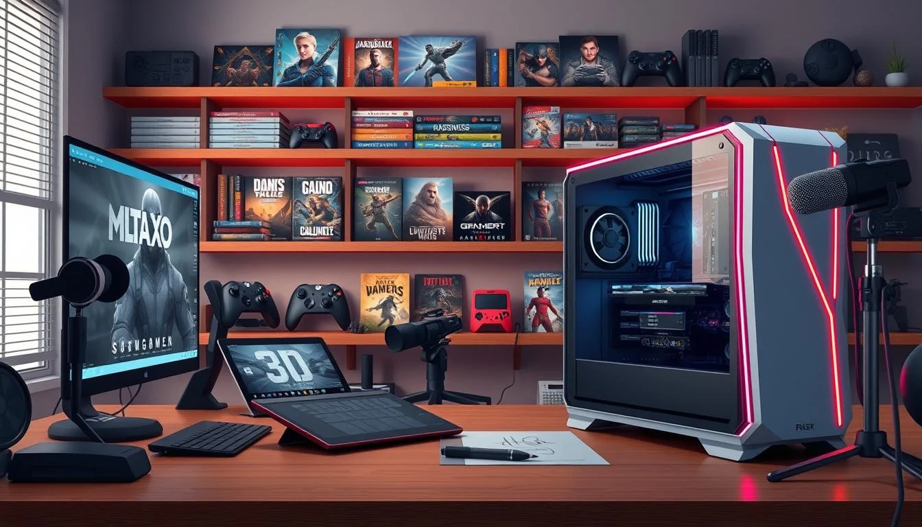 How Much Does a Gaming Trailer Cost? Video Game Trailer Cost Ultimate Guide 7 A well-lit and photorealistic desktop workspace, showcasing an array of professional video editing and graphics software tools. In the foreground, a high-end gaming PC with sleek, angular design and RGB lighting, its screen displaying a 3D modeling interface. In the middle ground, a drawing tablet and stylus, a high-definition camera, and a microphone stand, hinting at the multimedia capabilities required for game trailer production. The background features shelves filled with video game art books, game controllers, and other gaming-related paraphernalia, creating a visually striking and immersive environment for a game trailer software setup.