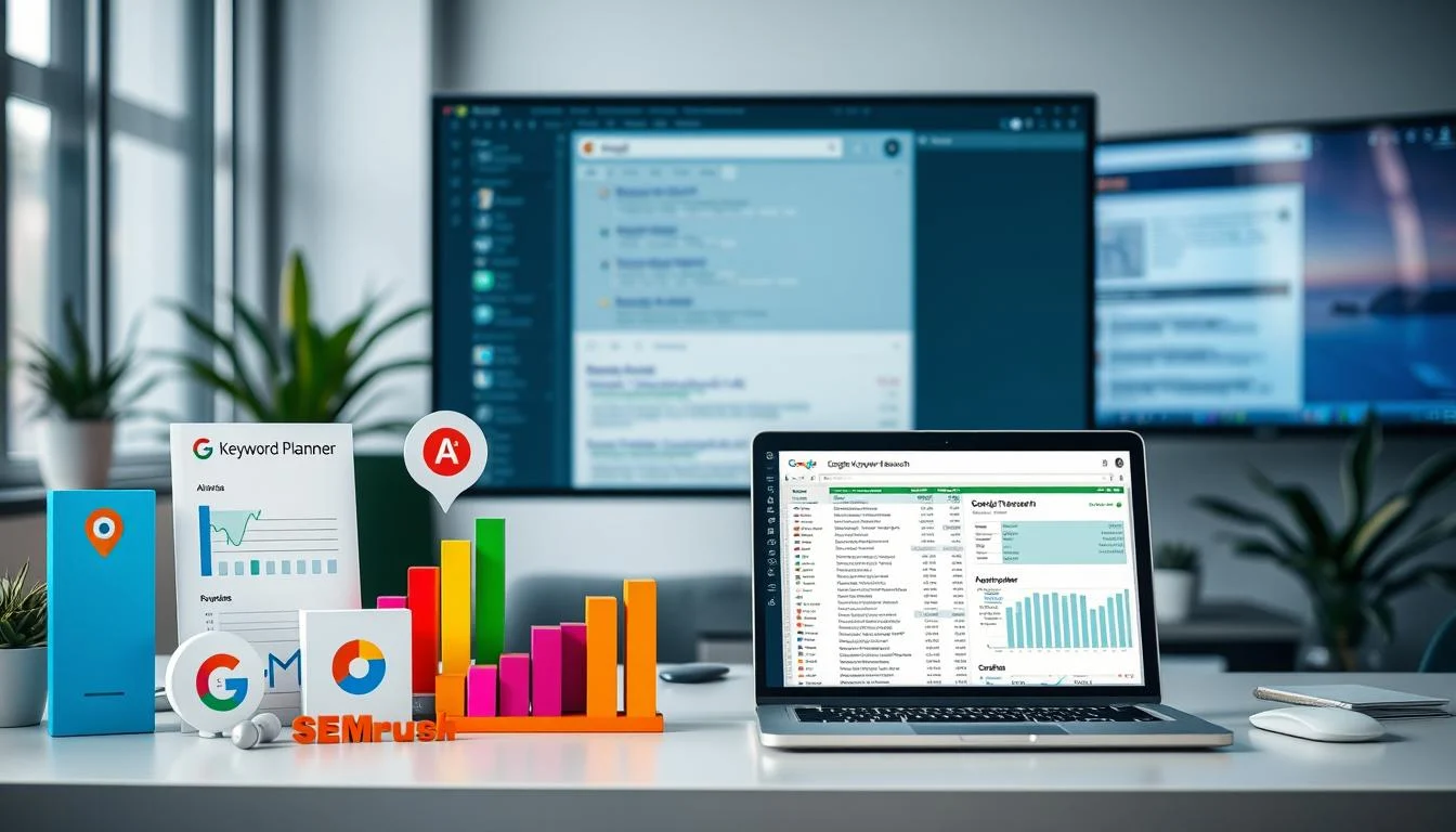 Why is Search Engine Marketing Important? : Essential Benefits & Winning Strategies 5 A well-lit office setting with a sleek, modern desk showcasing a variety of digital marketing tools. In the foreground, an array of colorful icons and graphs representing various keyword research platforms, including Google Keyword Planner, SEMrush, Ahrefs, and Moz Keyword Explorer. The middle ground features a laptop displaying a spreadsheet filled with keyword data and insights. In the background, a large monitor shows a search engine results page, emphasizing the importance of keyword research for SEM campaigns. The overall mood is one of productivity, optimization, and a data-driven approach to digital marketing strategy.