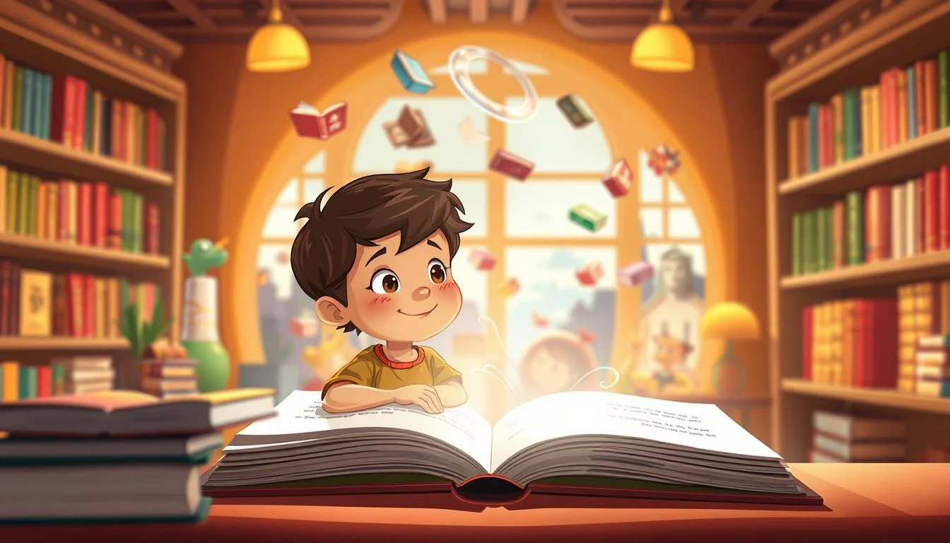 Book Trailer Service: Ultimate Guide to Book Marketing & Book Trailer Production 3 A whimsical, 2D animated book trailer showcasing a children's storybook. In the foreground, a young protagonist, drawn in a vibrant, illustrated style, interacts with the book's enchanting characters. The middle ground features a lively, storybook-inspired setting, with fantastical elements like floating books, swirling magic, and a captivating narrative unfolding. The background depicts a warm, cozy library or bookshop, with shelves of colorful books, soft lighting, and a welcoming atmosphere that invites the viewer to step into the world of the story. The overall mood is one of wonder, adventure, and the power of imagination, perfectly capturing the essence of an engaging children's book trailer.