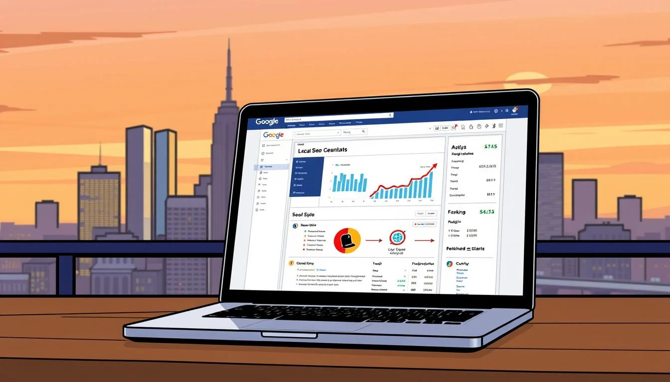 Local Search Engine Optimization Guide: Improve Your Local SEO Ranking 4 Detailed website interface showcasing local search optimization techniques. In the foreground, a laptop screen displays a website dashboard with analytics and SEO tools. Mid-ground features a city skyline, emphasizing the local focus. The background has a warm, sunset-like lighting, creating a professional, yet inviting atmosphere. The overall composition conveys the idea of leveraging a website's optimization to improve its local search rankings.
