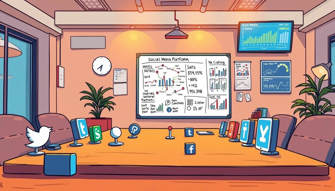Effective Social Media Marketing Strategies for Businesses 2 A bustling office setting, with a large desk in the foreground featuring various social media platform icons arranged strategically. The middle ground showcases a whiteboard covered in a detailed plan, highlighting key metrics and analysis. In the background, a wall-mounted monitor displays real-time data on social media engagement and platform performance. Warm, directional lighting casts a professional ambiance, emphasizing the careful consideration and deliberation involved in the social media platform selection process. The overall scene conveys a sense of well-thought-out strategy, data-driven decision-making, and a focus on optimizing a business's social media presence.