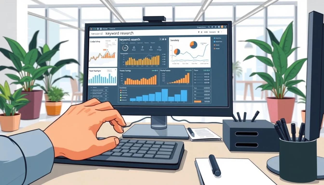 Video SEO Service: YouTube Search Engine Optimization, Boost Your Online Visibility 4 A busy office workspace with a computer monitor displaying keyword research data. In the foreground, a researcher's hand types on a keyboard, with charts, graphs, and analytics software visible on the screen. The middle ground features a desk with a notebook, pens, and other research materials. The background shows a bright, modern office environment with large windows, potted plants, and minimalist decor, creating a productive and focused atmosphere.