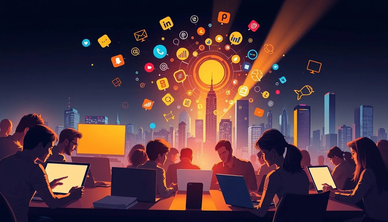 Effective Social Media Marketing Strategies for Businesses 6 A high-contrast, cinematic image depicting various social media engagement strategies. In the foreground, a diverse group of people collaborating on laptops and mobile devices, their faces illuminated by the glow of the screens. In the middle ground, a swirling vortex of digital icons, hashtags, and analytic charts, representing the data-driven nature of social media management. In the background, a towering cityscape, symbolic of the global reach and influence of social media platforms. The lighting is dramatic, with warm highlights and cool shadows, creating a sense of urgency and dynamism. The overall atmosphere is one of strategic focus, community, and the constant evolution of social media marketing.