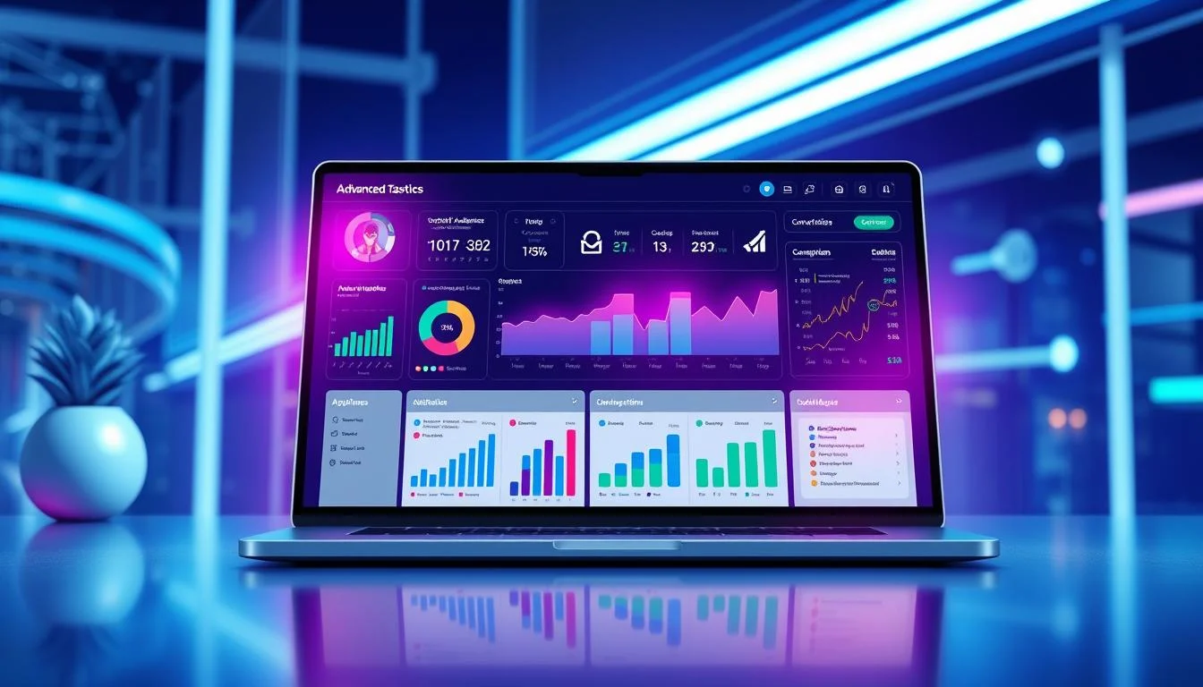 Effective Social Media Marketing Strategies for Businesses 8 A sleek, modern social media dashboard on a laptop screen, with colorful charts, graphs, and analytics displaying advanced marketing tactics. Vibrant digital overlays showcase targeted audience insights, conversion metrics, and optimization strategies. The scene is bathed in a cool, futuristic lighting, creating a sense of technological sophistication. Minimalist icons and UI elements guide the viewer through the various social media marketing tools and features. The overall composition conveys a professional, data-driven approach to social media growth and engagement.