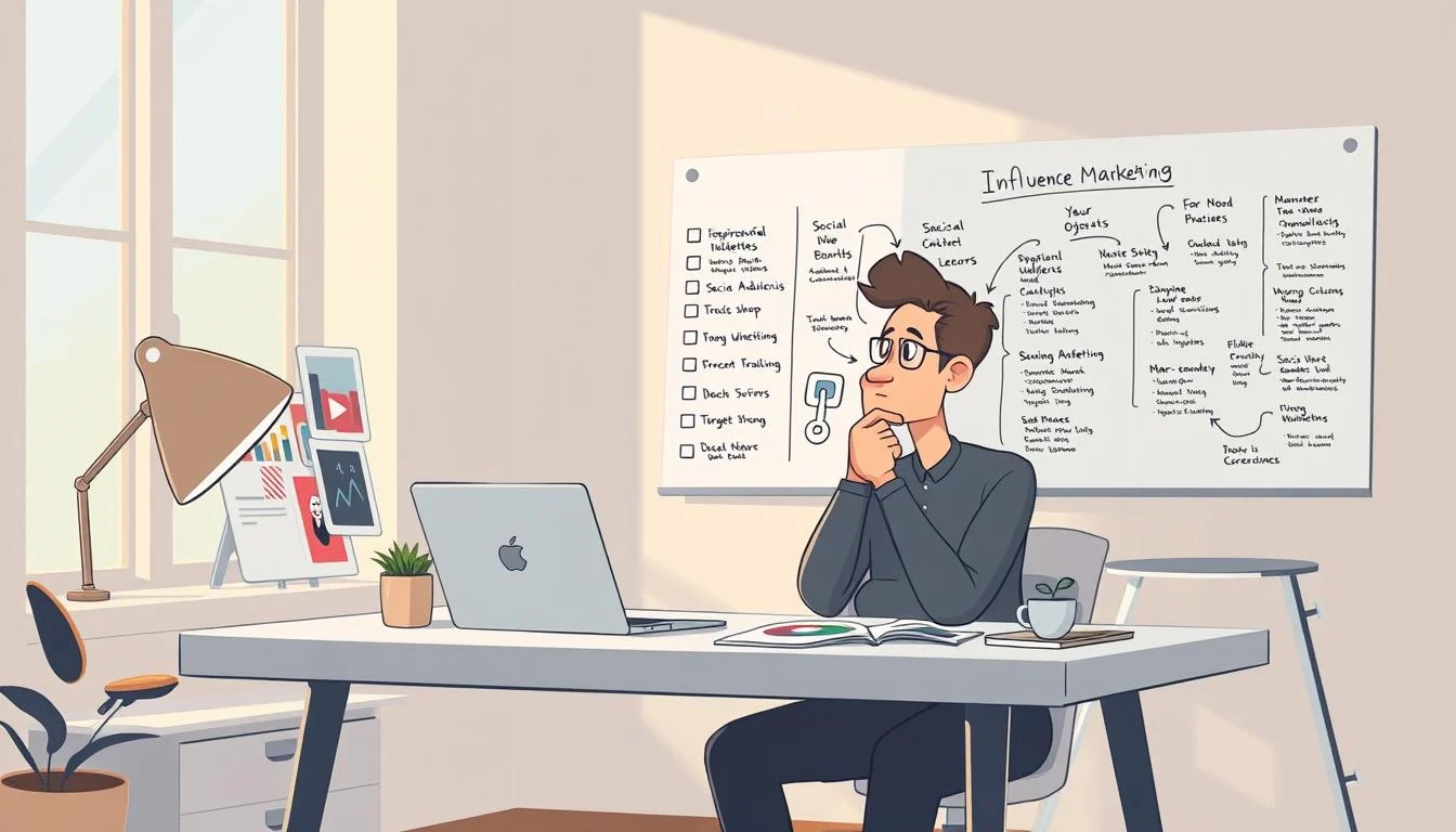 Effective Social Media Marketing Strategies for Businesses 5 A thoughtful influencer marketing strategist sits at a minimalist desk, laptop open and surrounded by inspirational mood boards, social media analytics data, and a well-curated collection of influencer profiles. Soft, warm lighting from a large window bathes the scene in a contemplative glow. In the background, a sleek whiteboard displays a detailed action plan, mapping out the campaign's key objectives, target audience, and influencer outreach strategy. The overall atmosphere is one of focused creativity and strategic planning, setting the stage for a successful influencer marketing initiative.