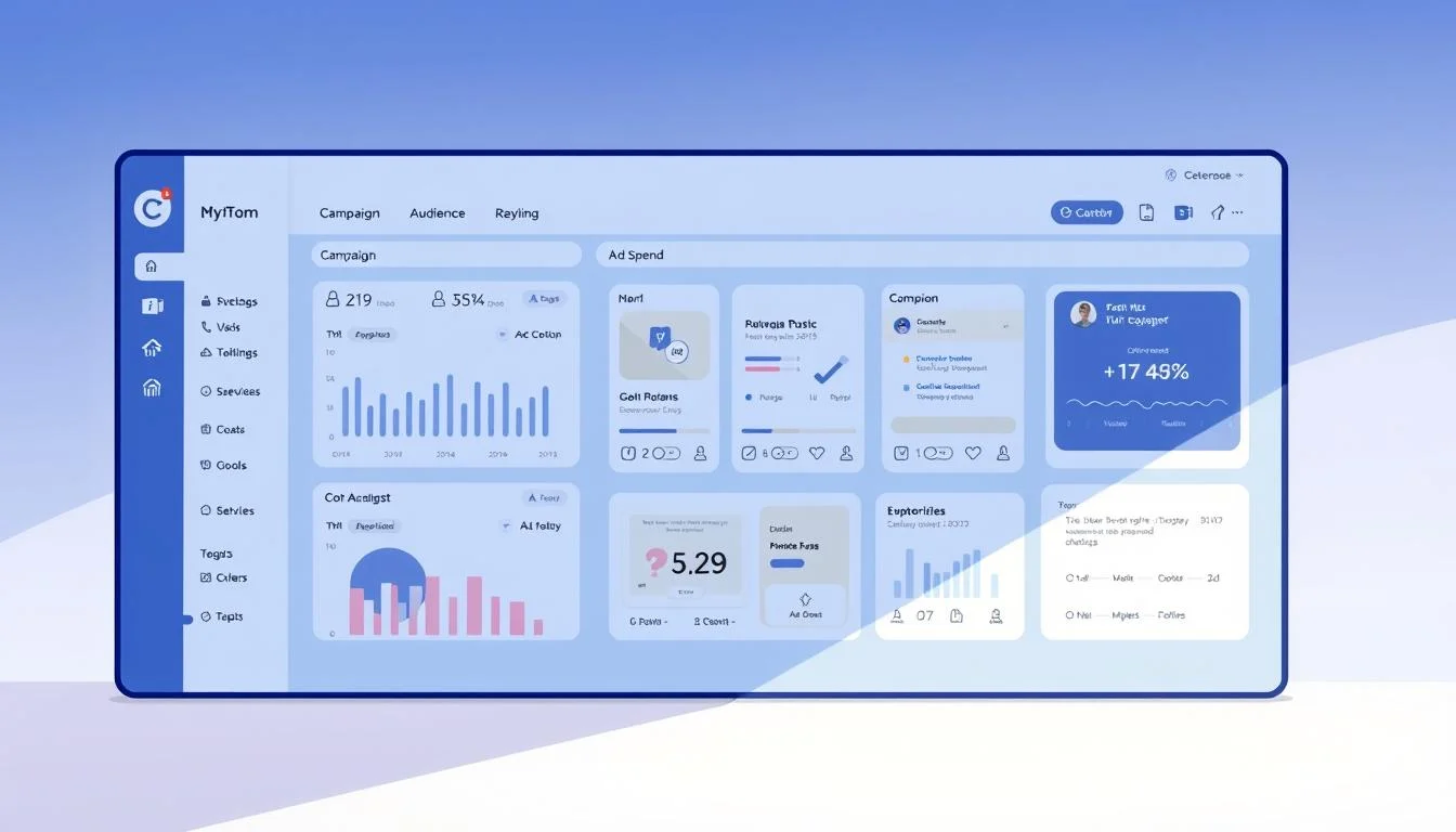 Hire Paid Social Media Campaign Managers | Ultimate Social Media Marketing 8 A digital dashboard displaying an intuitive interface for managing a paid social media advertising campaign. The foreground features various metrics and analytics, such as campaign performance, audience targeting, and ad spend. The middle ground showcases a series of campaign tiles with customizable visuals and optimization controls. The background has a subtle, sleek design with minimalist icons and a cool-toned color palette, creating a professional and modern aesthetic. Soft, indirect lighting accentuates the dashboard's clarity and elegance, inviting the user to delve into the nuanced management of their social media advertising efforts.