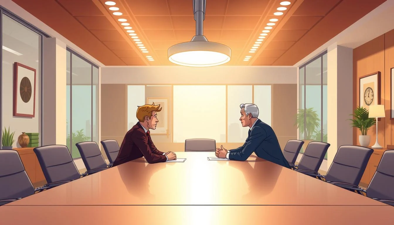 Hire Paid Social Media Campaign Managers | Ultimate Social Media Marketing 4 A modern, bright office interior with a large conference table. Around the table, a group of three people conducting a formal interview with a candidate. The candidate, dressed professionally, sits across from the interviewers, engaged in conversation. Overhead lighting casts a warm glow, creating a serious yet welcoming atmosphere. The background features tasteful decor, suggesting a well-appointed corporate setting. The composition emphasizes the interview process, with the participants' body language and facial expressions conveying the thoughtful assessment of the candidate's qualifications.
