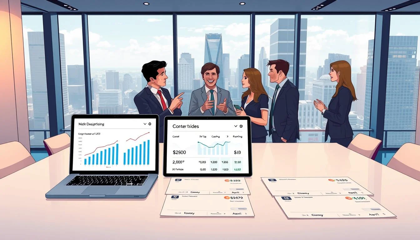 Hire Paid Social Media Campaign Managers | Ultimate Social Media Marketing 5 A sleek, modern office setting with a large table showcasing various pricing models for paid social advertising. In the foreground, a laptop displays detailed financial data and graphs, illuminated by warm, directional lighting. In the middle ground, several businesspeople engage in a collaborative discussion, gesturing towards the laptop screen. The background features floor-to-ceiling windows, providing a panoramic view of a bustling cityscape, evoking a sense of professionalism and innovation. The overall scene conveys a thoughtful, analytical atmosphere as the team compares the pricing structures and service packages of different social media marketing strategies.