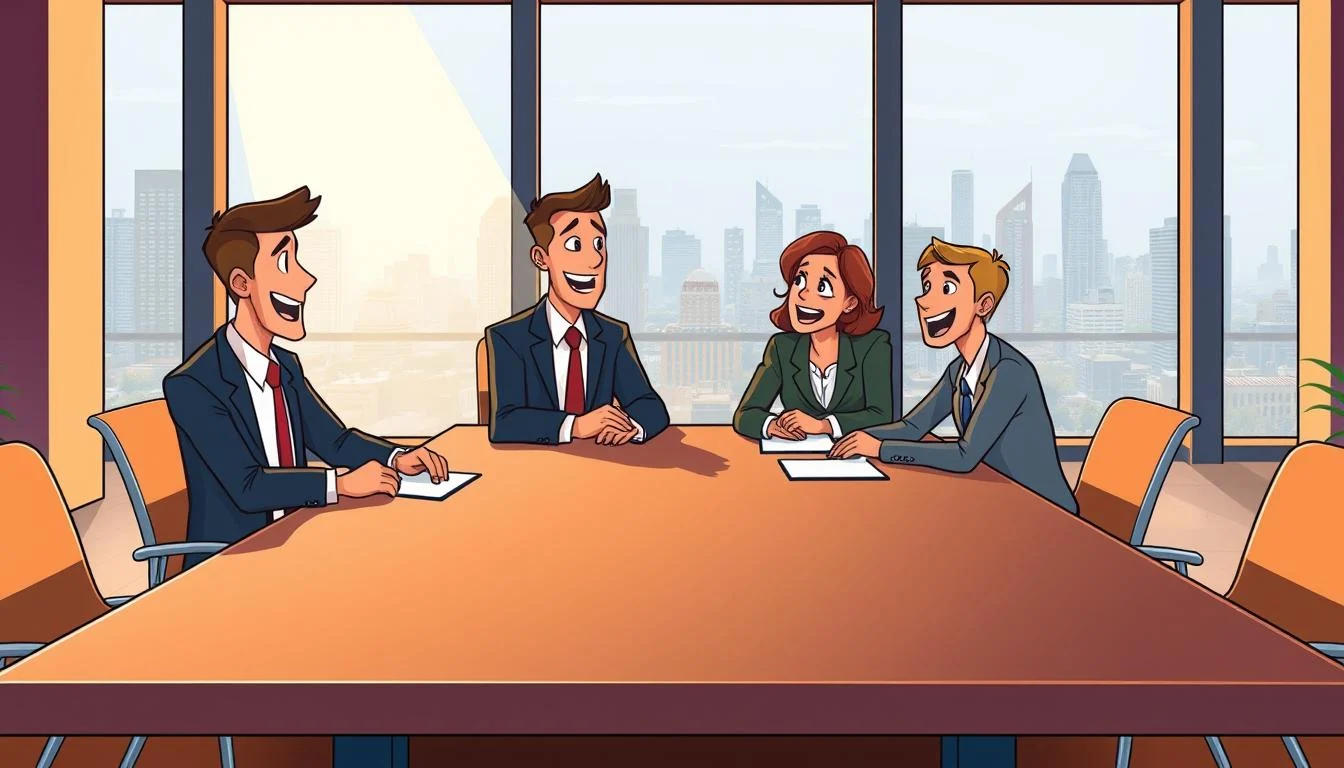 Hire Paid Social Media Campaign Managers | Ultimate Social Media Marketing 6 A spacious, well-lit office setting with a large wooden conference table in the foreground. Three individuals, dressed in formal business attire, are seated around the table, engaged in an animated discussion. The lighting is warm and inviting, casting a soft glow on the scene. The background features floor-to-ceiling windows, offering a panoramic view of a bustling city skyline. The overall atmosphere conveys a sense of professionalism, collaboration, and decision-making, setting the stage for the final selection process of a dedicated account manager.